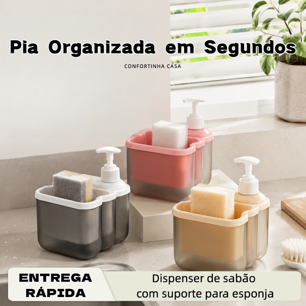 Organizador de Pia 3 em 1 com Dispenser de Detergente e Porta Esponja Cozinha Banheiro