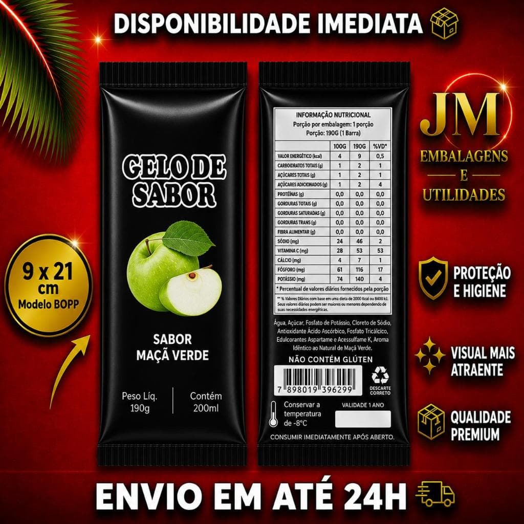 Embalagem para Gelo Saborizado (Sabor Maçã Verde) - 250 Embalagens Bopp  9x21 Saco Higienico Externo