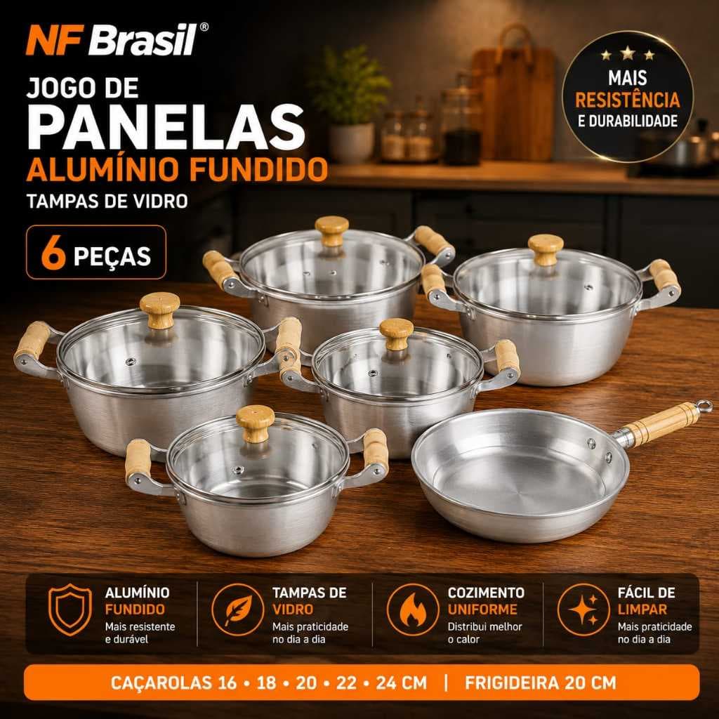 Jogo De Panelas Alumínio Fundido Polido E Frigideira 6 Peças