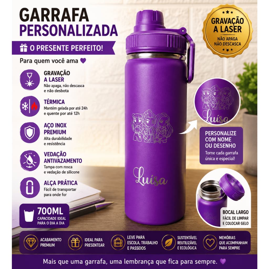 Garrafa Térmica Infantil Personalizada 570ml | Aço Inox Parede Dupla | Nome e Personagem