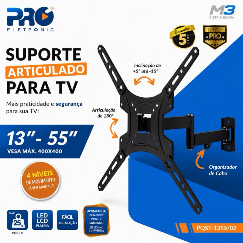 Suporte Tri Articulado Tv De 13-55 Proeletronic Pqst-1355/02 Preto