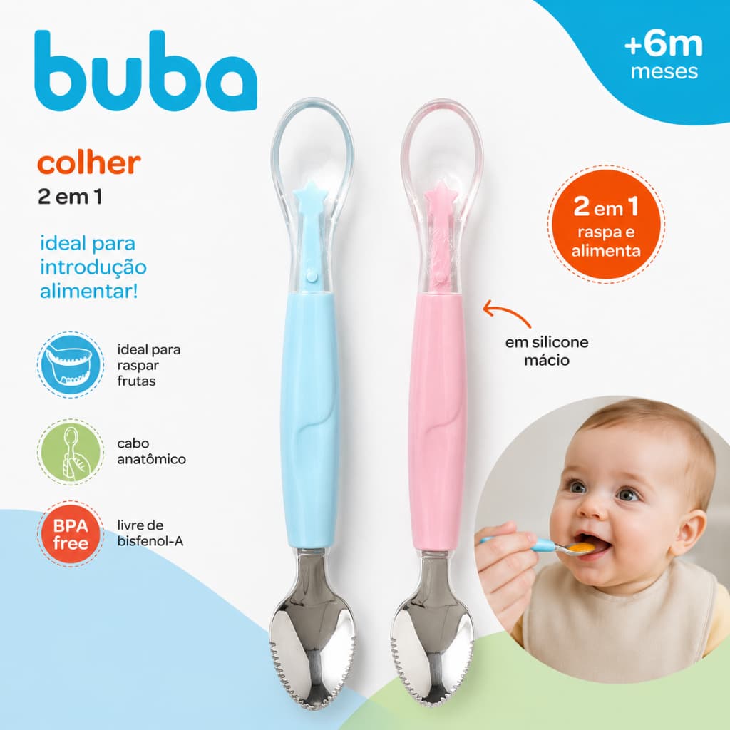 Colher 2 em 1 Buba Silicone Macio Anatômica Bebê para Introdução Alimentar Frutinha Papinha