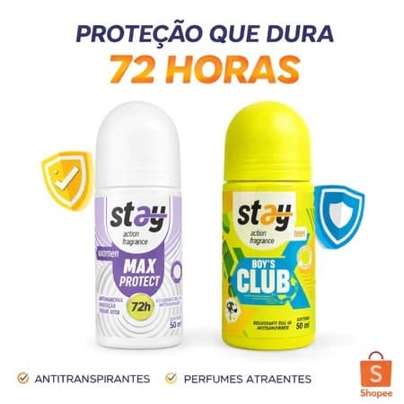 Desodorante Stay Roll On Kit Feminino e Masculino Teen 50ml Antitranspirante Proteção 72 Horas
