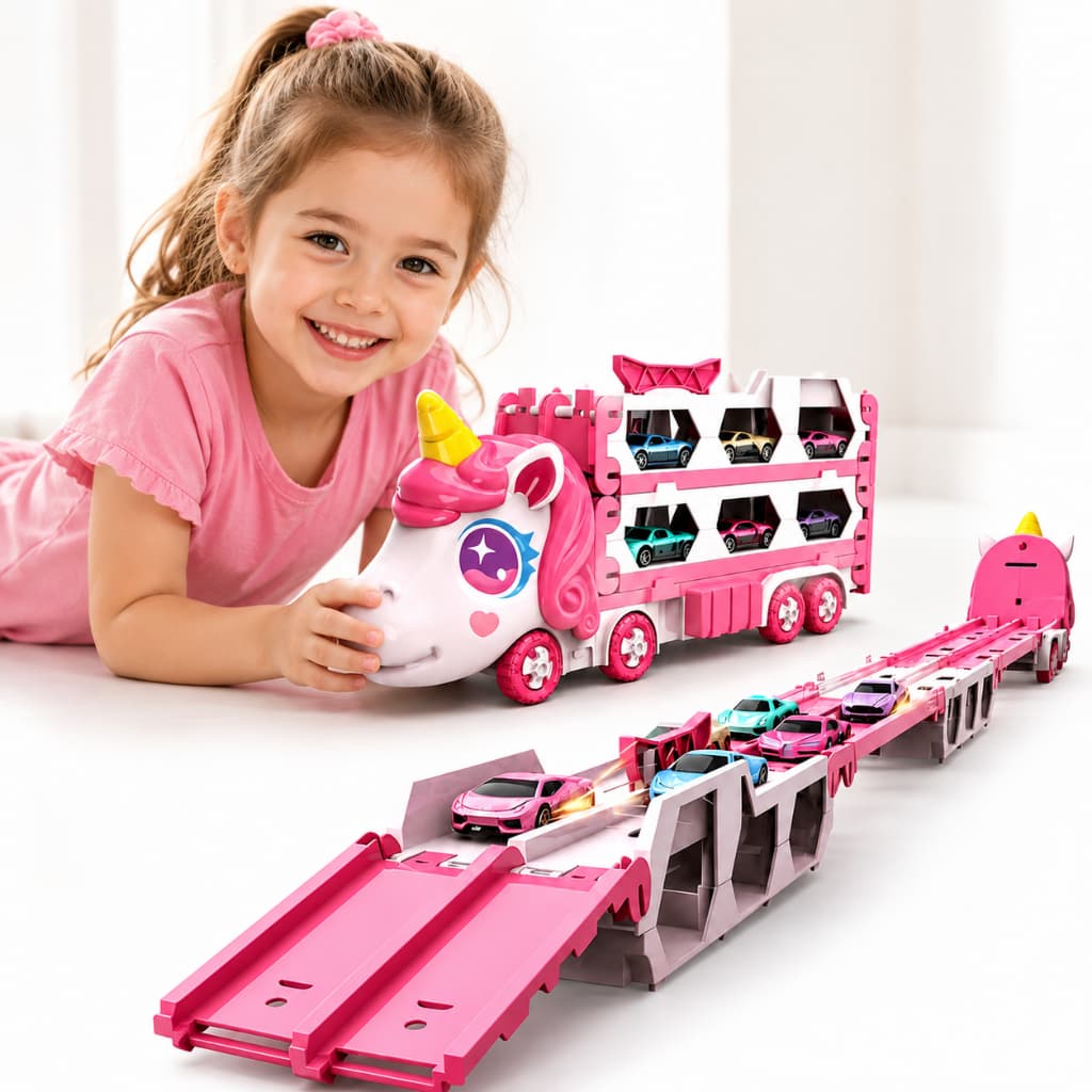 Caminhão Unicórnio 2 em 1 com Pista de Corrida e 2 Carrinhos | Brinquedo Infantil Porta Carrinhos