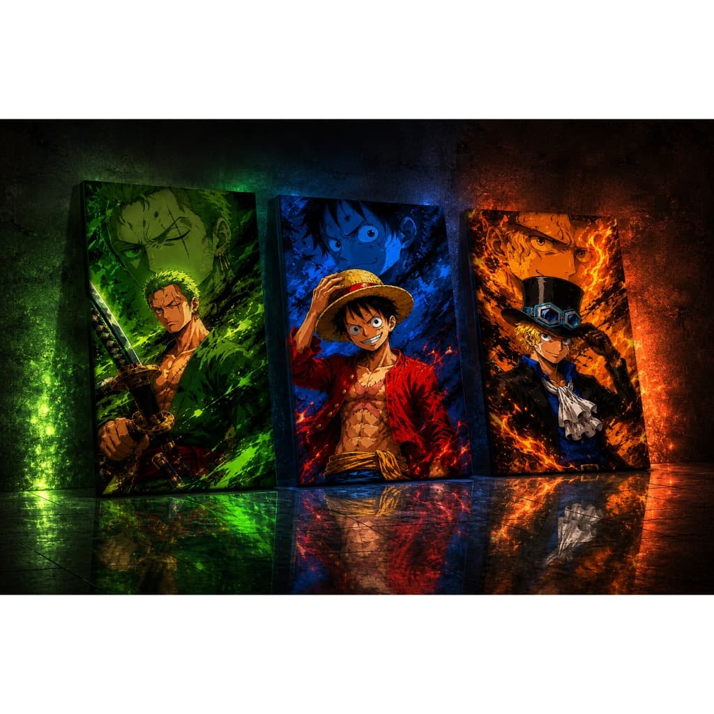 Kit 3 Quadros Decorativos One Piece Anime Luffy Zoro Ace para Quarto Gamer e Ambientes