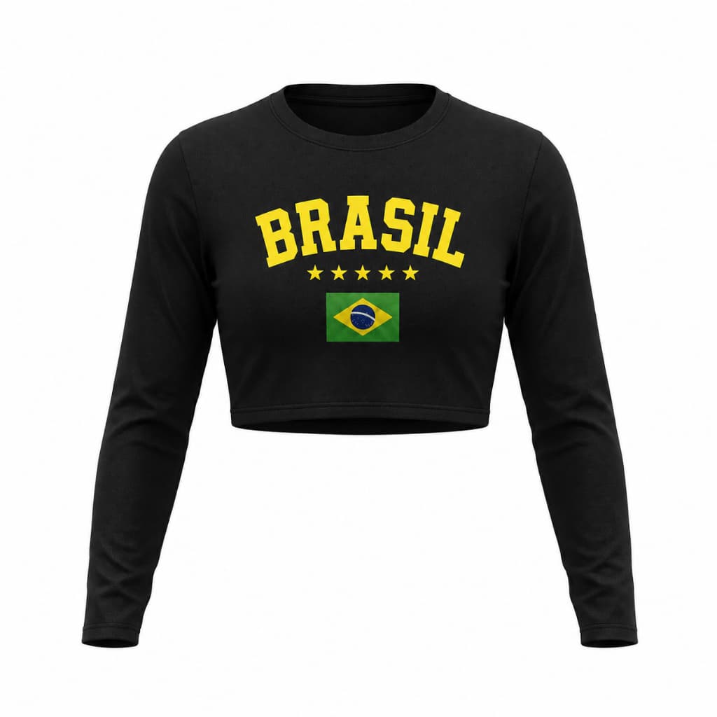 Cropped Brasil Feminino Manga Longa UV Proteção solar Fitness Academia Top Esportivo Elastano Secagem Rápida  Leve Fit