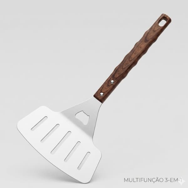 Espátula Pá Vazada Inox para Churrasco e Bolo com Abridor de Garrafas 35cm Cabo Plástico Marrom TMD