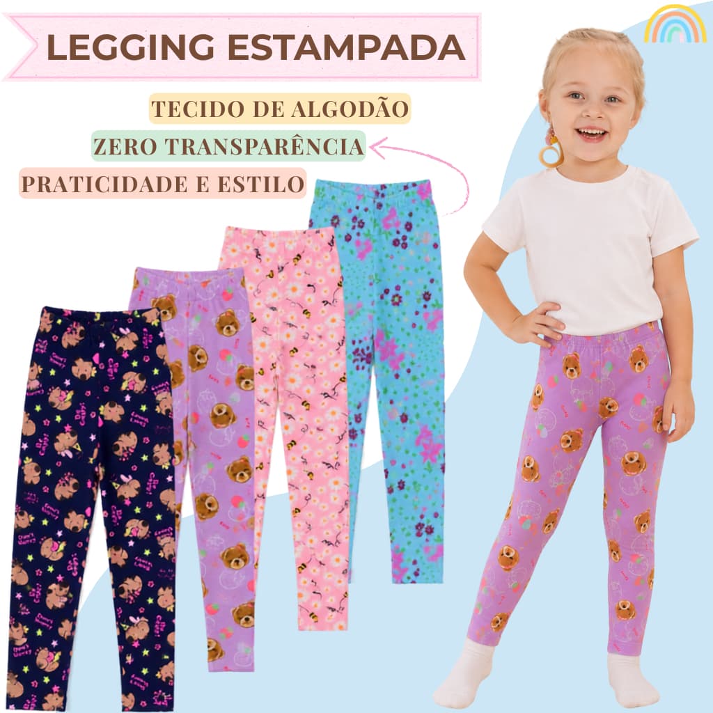 Kit 2,4 e 6 Calças Legging Leg Estampada Infantil Menina Sortidas Roupa Feminina Tamanho 2 ao 14