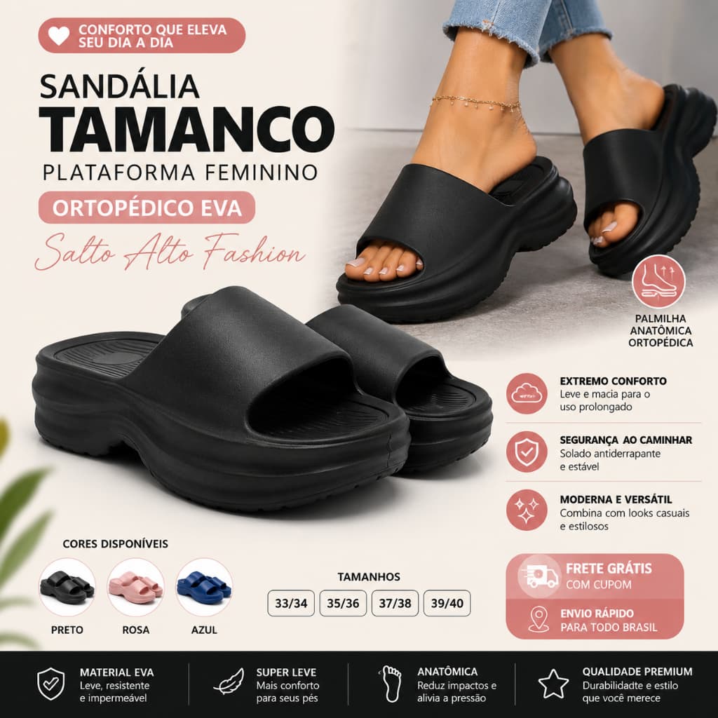 Sandália Tamanco Plataforma Feminino Ortopédico Eva  Salto Alto Fashion
