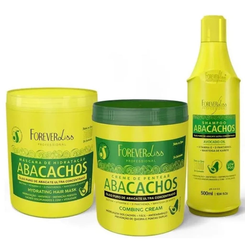 Kit completo abacachos Forever Liss creme de pentear máscara hidratação shampoo abacachos