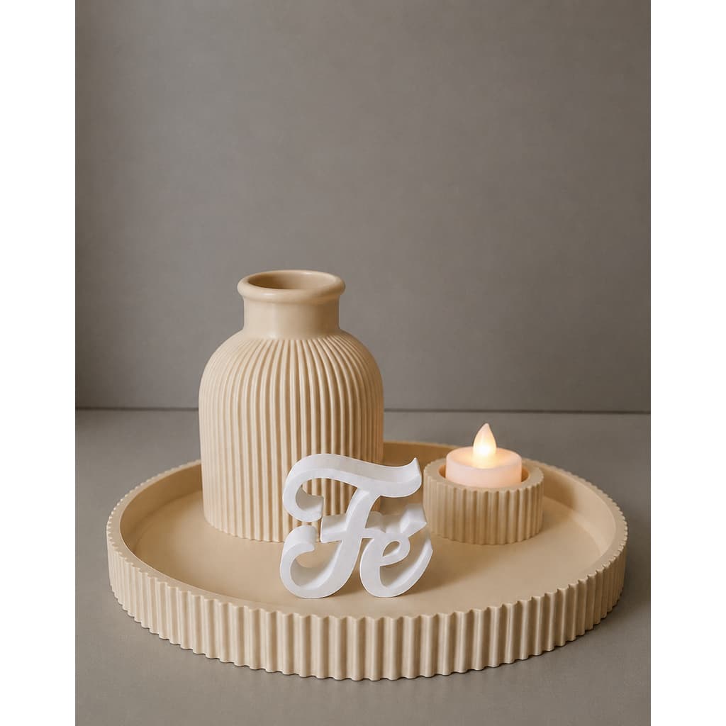 Kit Decoração Fé Deus Amor Love  | Bandeja + Vaso + Letreiro + Porta-Vela LED