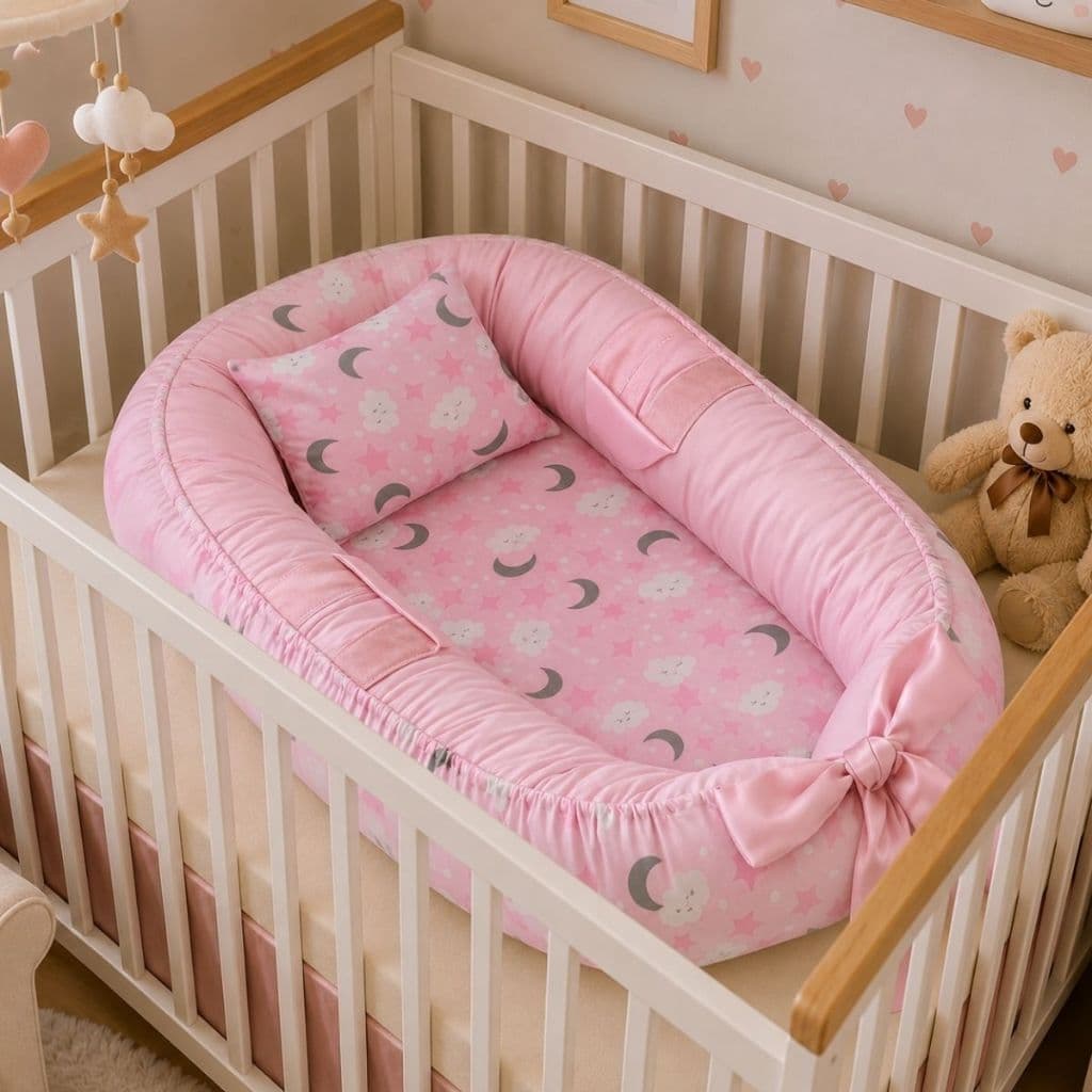 Ninho Redutor de Berço Menina Enxoval Grande com Almofada Anatômica Bebe Céu Luar Rosa