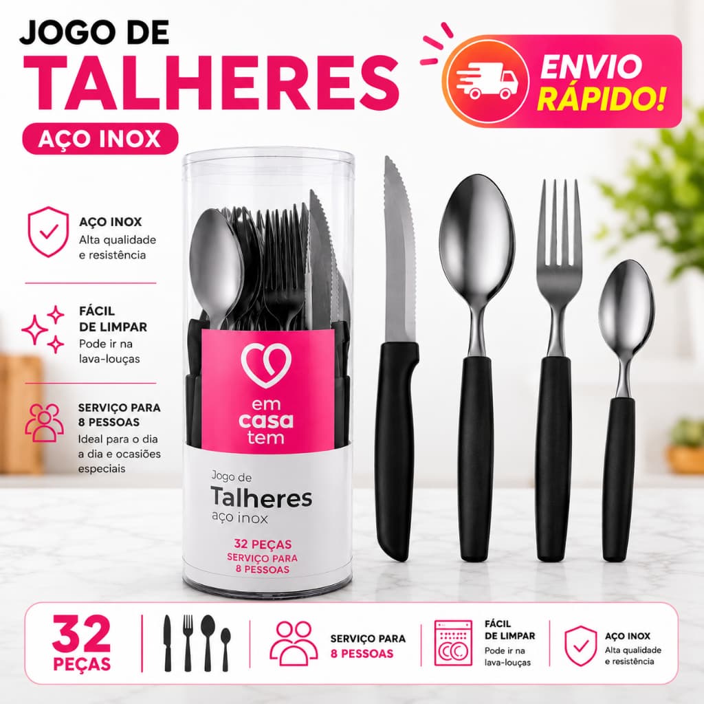 Jogo de Talheres 32 Peças Inox Premium Faqueiro Completo Garfo Faca Colher Cozinha ENVIO IMEDIATO