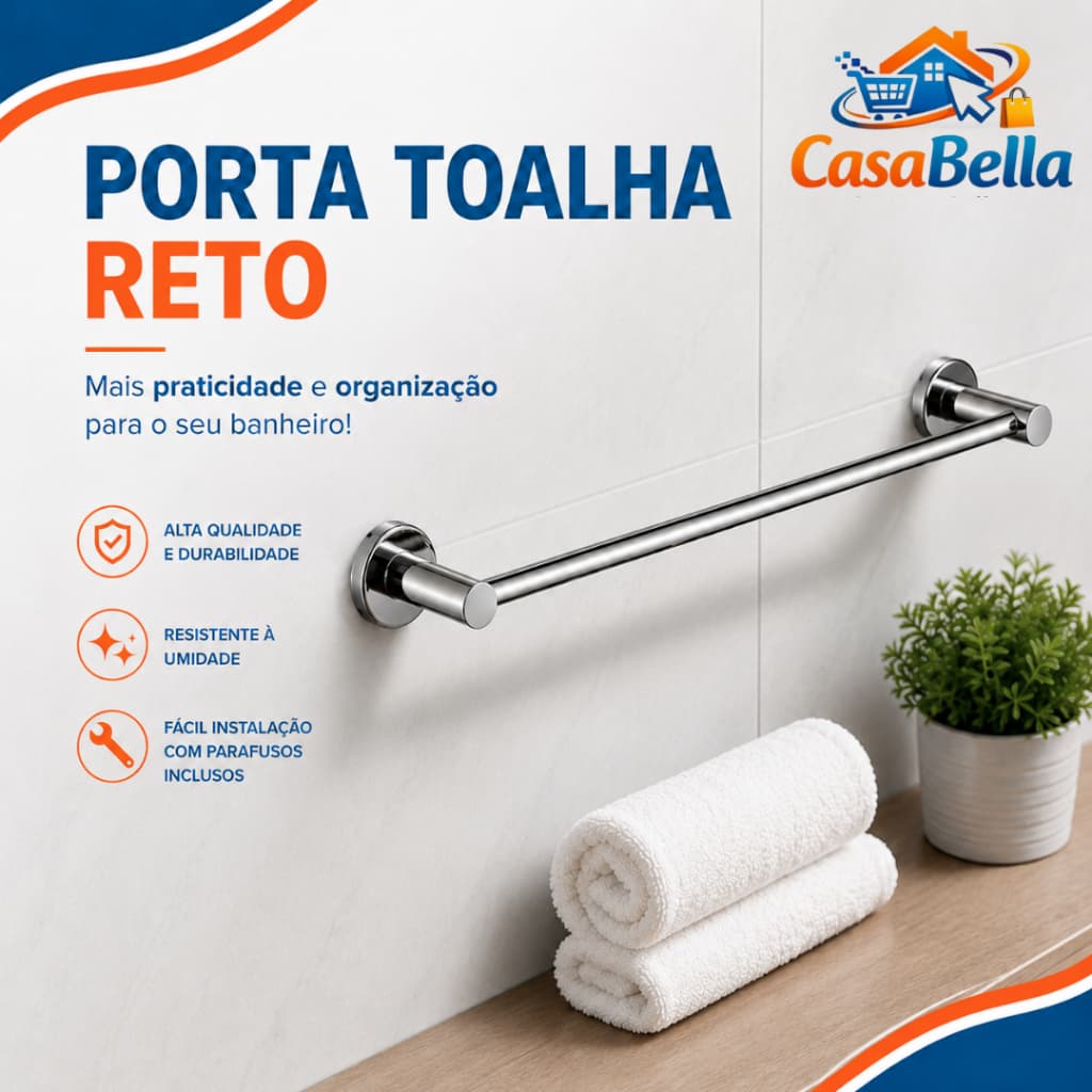 Porta Toalha de Parede Reto Alumínio Cromado Luxo para Banheiro