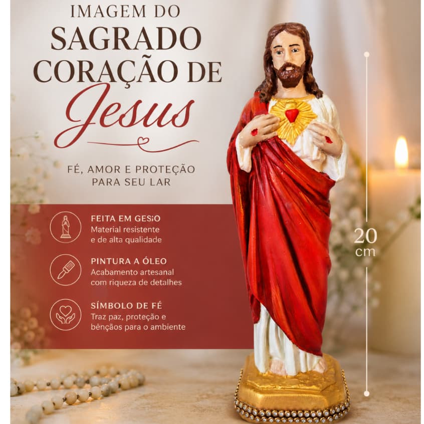 Imagem em Gesso Sagrado Coração de Jesus 20 cm