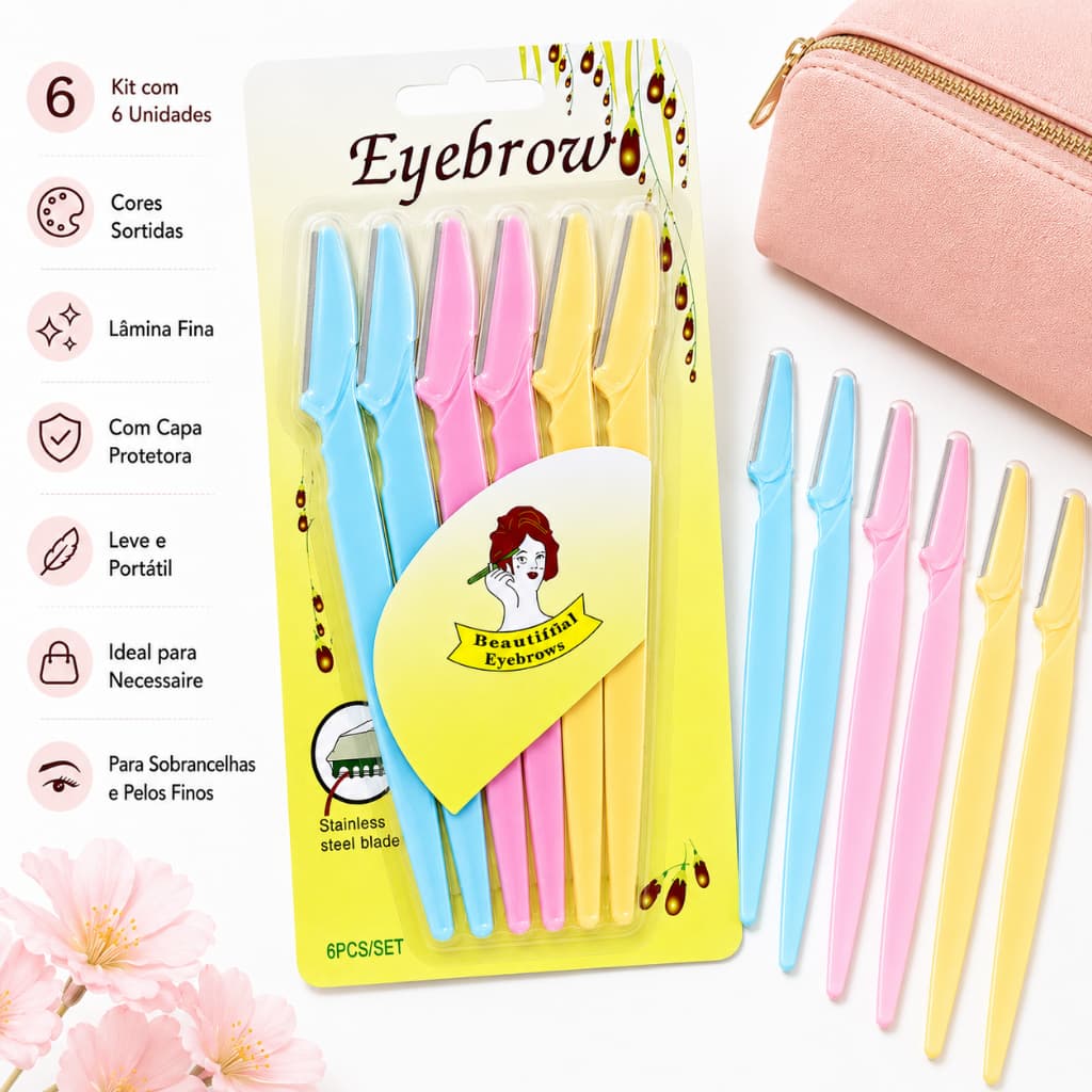 Kit 6 Navalhas para Sobrancelha, Aparador Facial Feminino, Removedor de Pelos Finos com Capa Protetora