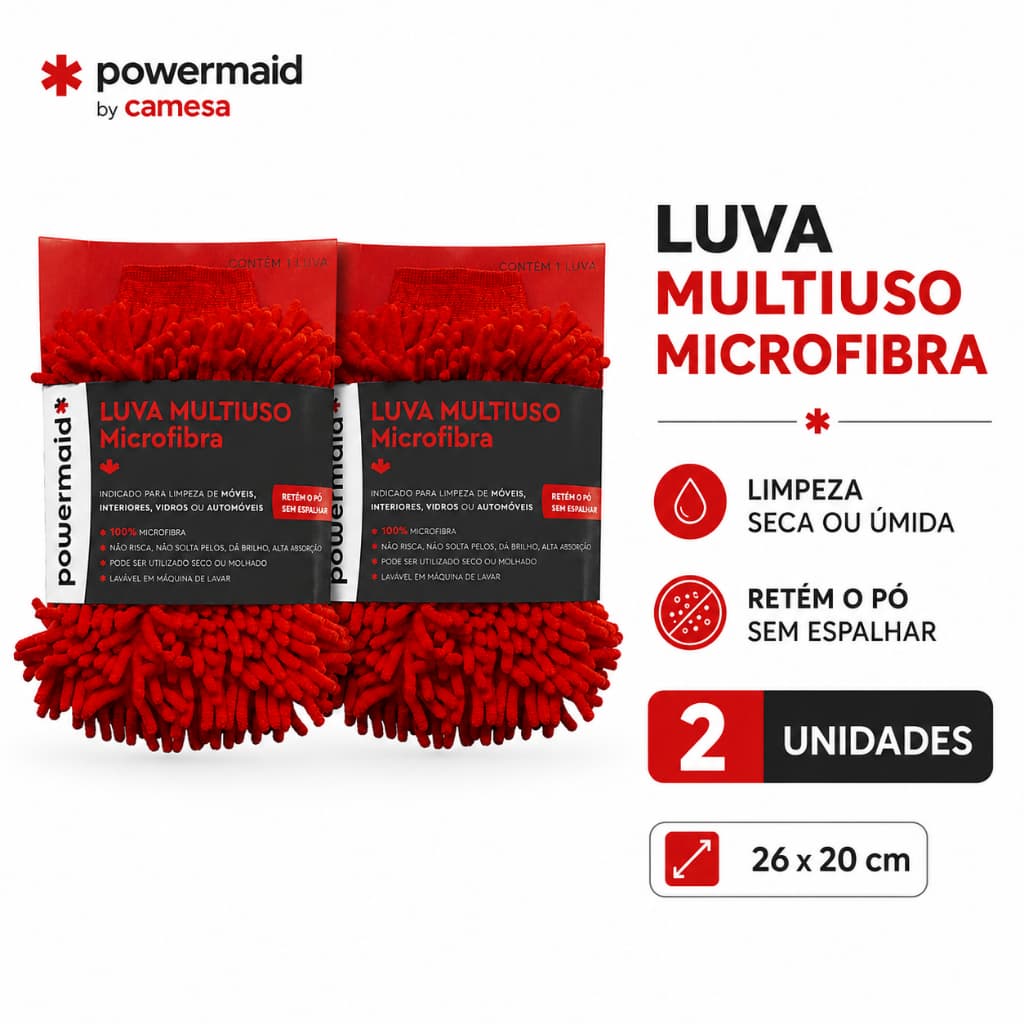 2 Un Luva Multiuso Microfibra Powermaid Automotiva Vermelha 26cm x 20cm