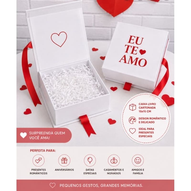 Caixa 15x15x4 Personalizada | Caixa Eu Te Amo com Fita Cetim | Caixa Cartonada Presente