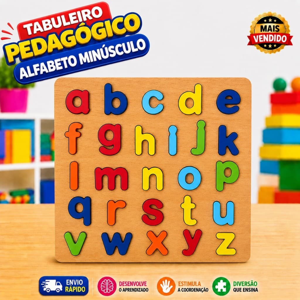 Tabuleiro Quebra Cabeça Educativo Pedagógico Alfabeto Minúsculo Letras com Peças Destacáveis de Encaixar
