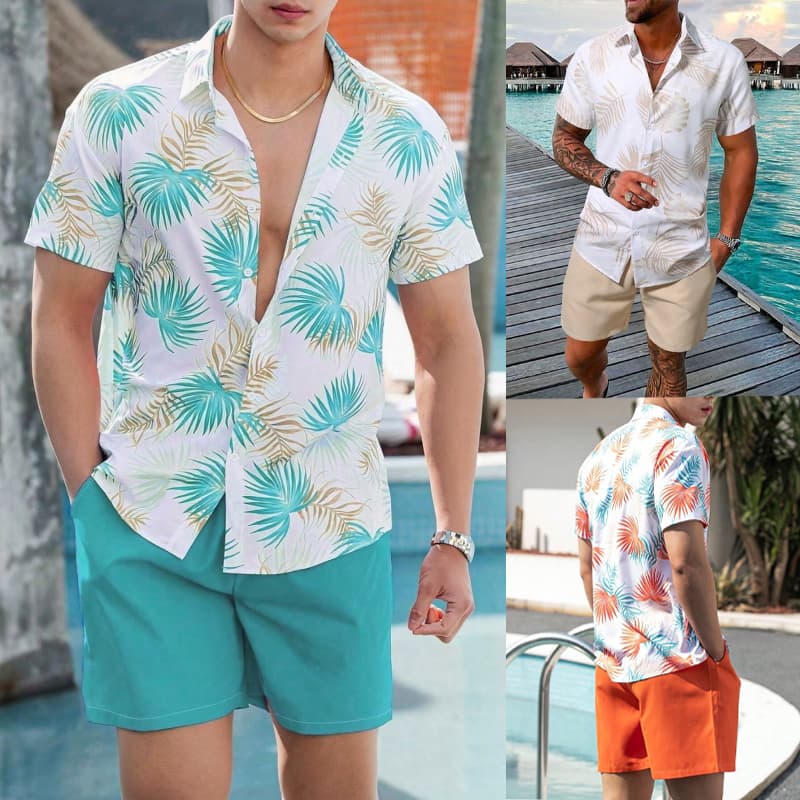 Conjunto Masculino Camisa Havaiana Manga Curta Estampada Bermuda Casual Praia Verão 2 Peças