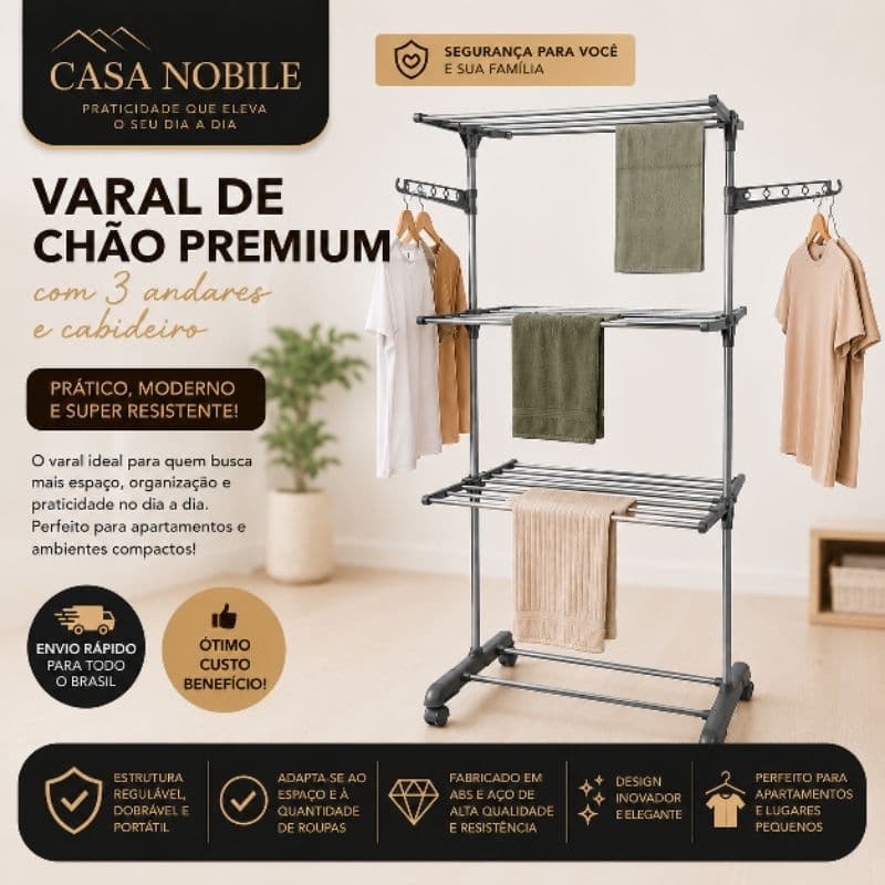 Varal Premium De Chão Retrátil 3 Andares Com Suporte Para Cabides Cinza Multi Uso