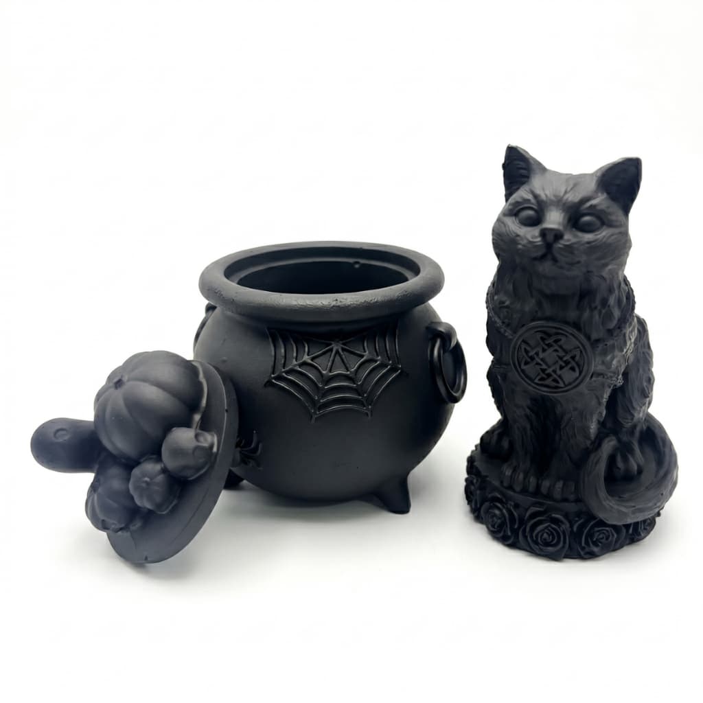 Kit Incensário Cone Backflow Gato Decorativo em Resina — Efeito Cascata de Fumaça