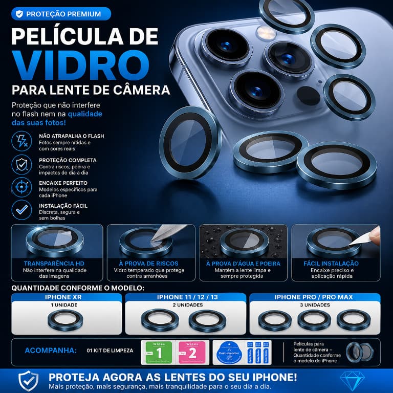 Película De Vidro Para Lente Câmera iPhone Anti Risco Proteção Flash HD Pro Max XR 11 12 13
