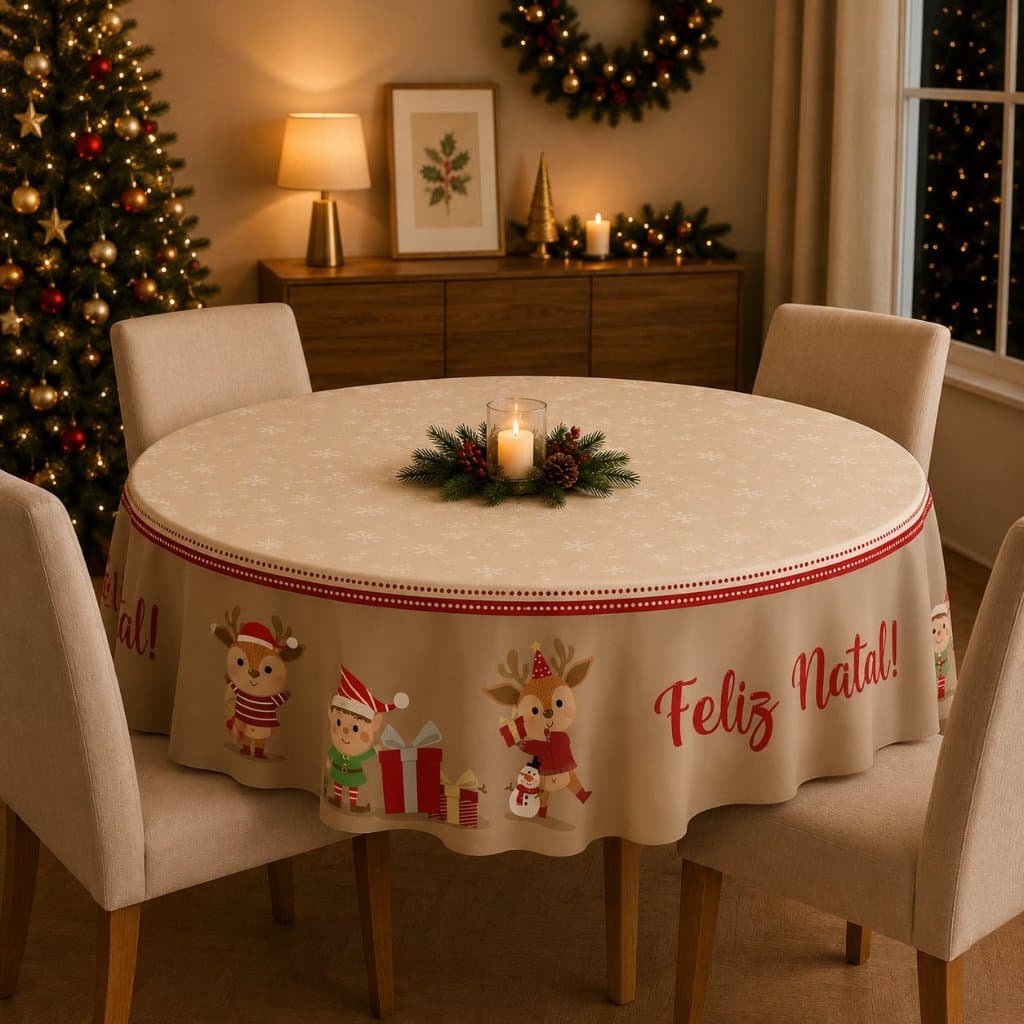 Toalha de Mesa Redonda para 4 Lugares Natalina Exclusiva Tamanho 135X135cm Feliz Natal