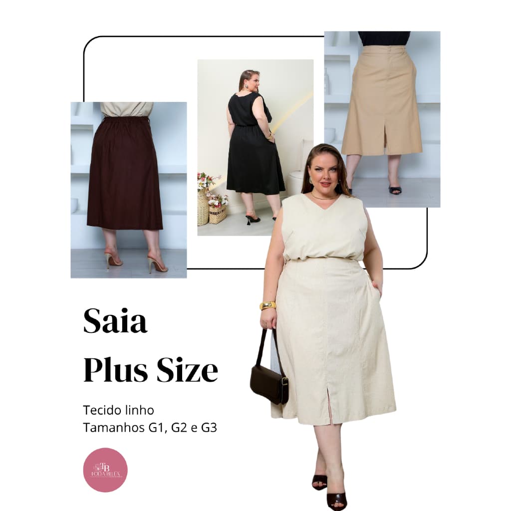 Saia plus size midi de linho com botão e bolso