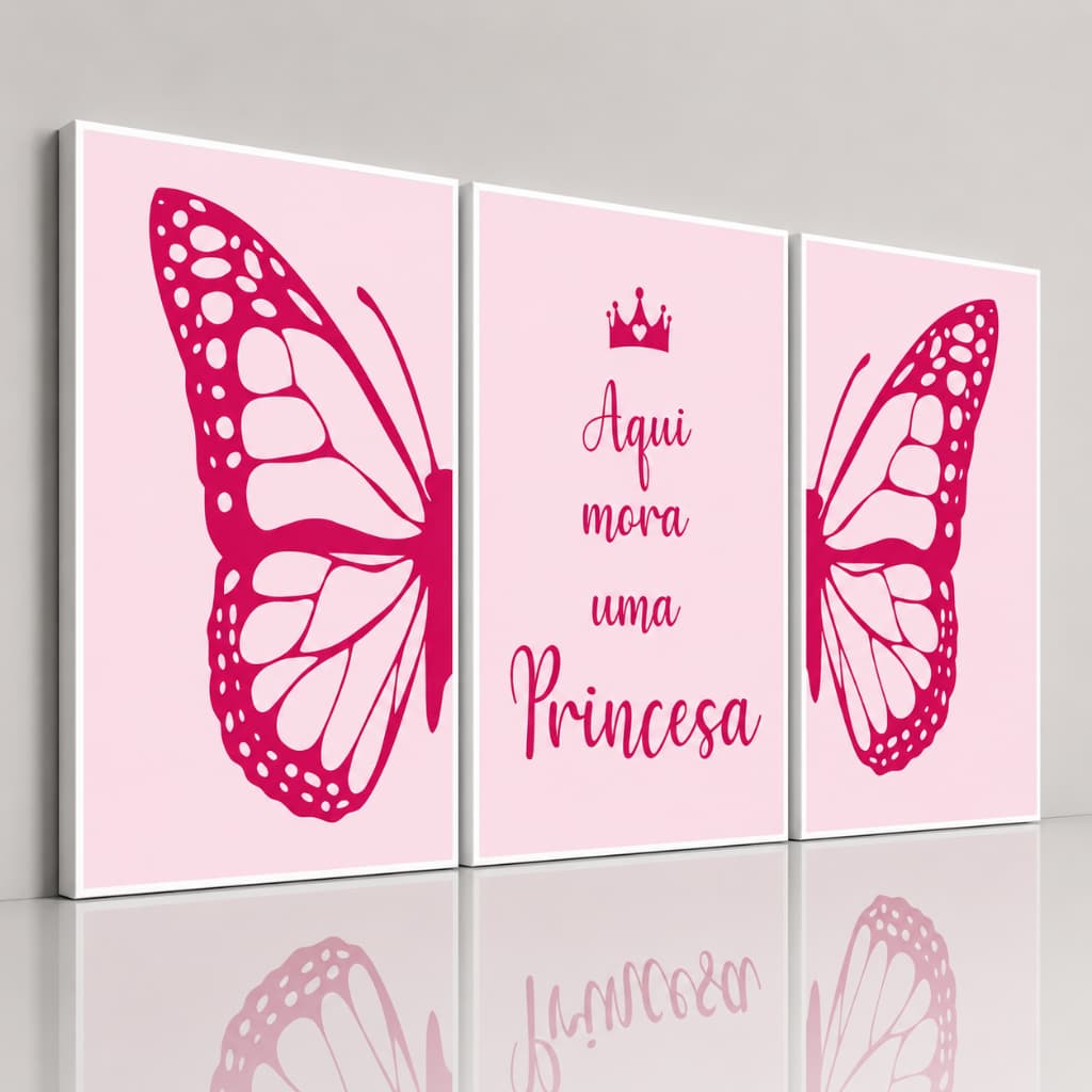 Kit 3 Quadros Decorativos Infantil Tema de Borboleta Cor Rosa Frase Aqui Mora Uma Princesa Para Quarto de Menina