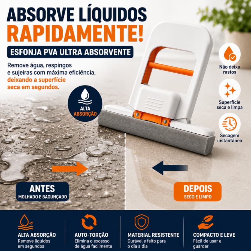 Mini Mop Absorvente Portátil para Pia e Bancada – Rodo Esponja de Limpeza Rápida com Auto-Torção