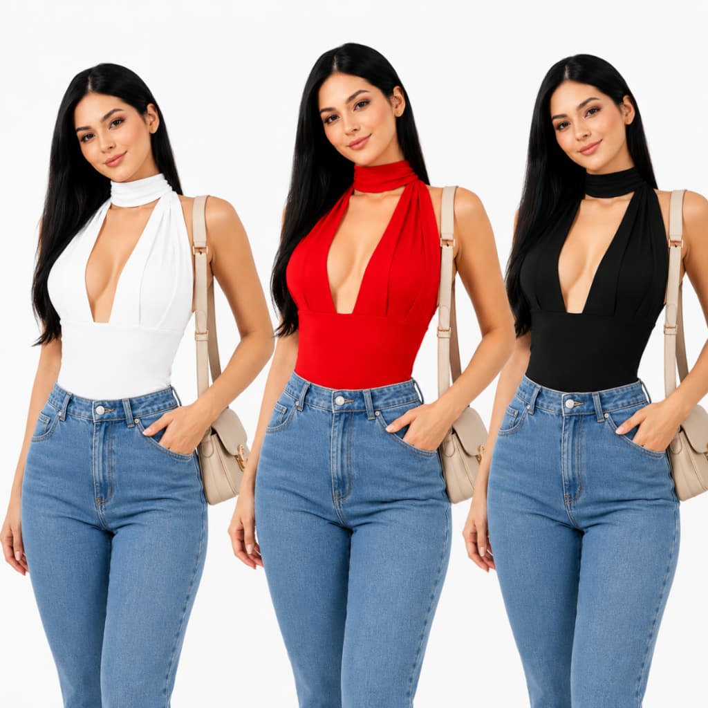 Body Feminino Decote Profundo Gola Lenço Suplex Premium Costas Abertas Moda Elegante Casual Balada