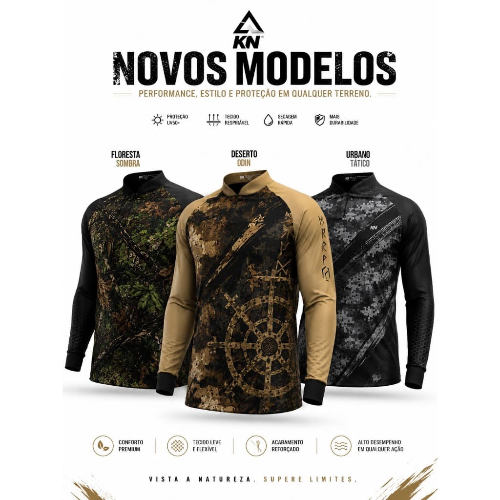 Camiseta Pesca Masculina Dry Soft Camuflada Manga Longa Proteção Solar UV50+ Trilha Caça