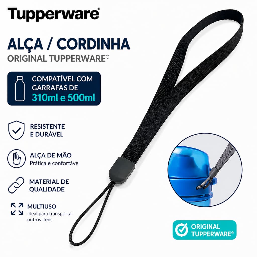 Cordinha Alça de Pulso Para Garrafa Eco Tupper 310 E 500 Ml Squeeze Corda Resistente Preta