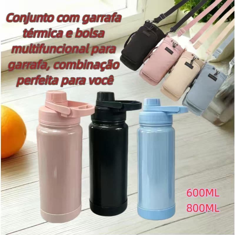 Kit Conjunto Garrafa Térmica 600ml 800ml Bolsa Porta-Garrafa Impermeável Alça Ombro Ajustável Bolso Interno para Celular