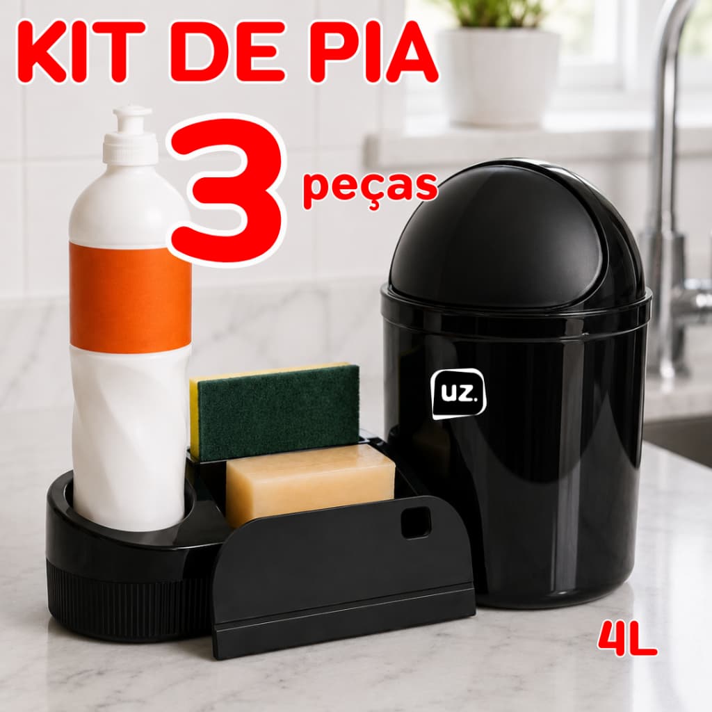 Kit de pia 3 ou 2 peças Lixeira Rodo de Pia e Porta Detergente