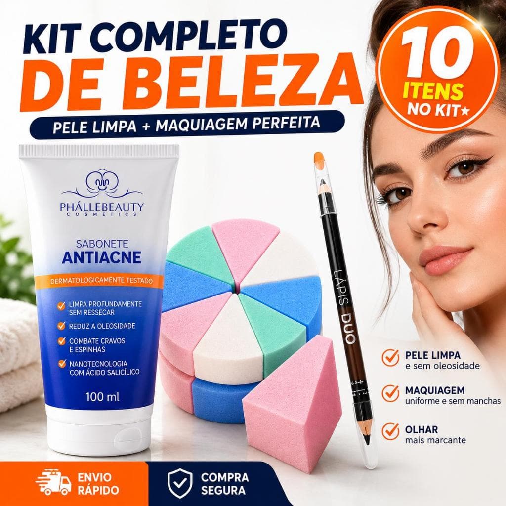 Kit Antiacne Completo Sabonete Facial PhálleBeauty 100ml + 8 Esponjas Maquiagem Macrilan + Lápis Duo Preto e Marrom