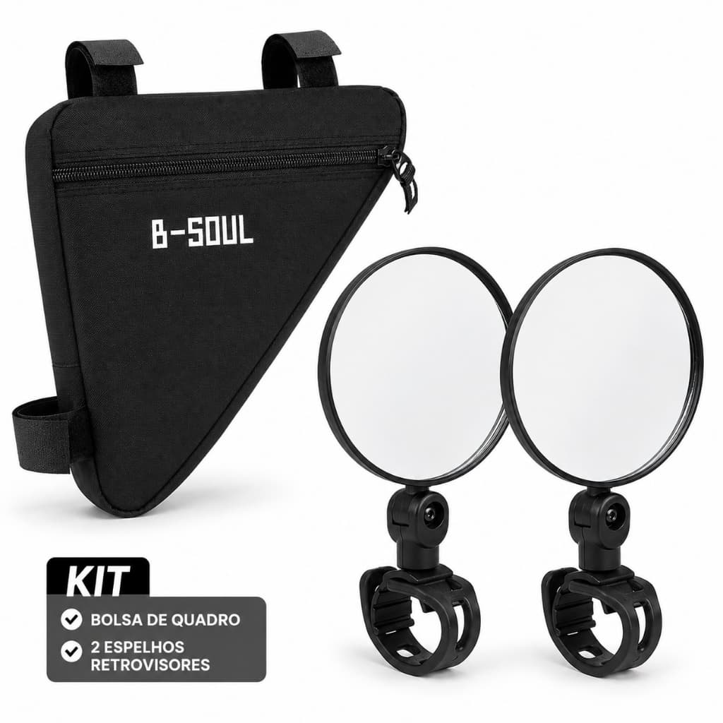 Kit Acessórios Bike Bolsa Triangular Quadro Com Par De Retrovisor Redondo Espelho Bicicleta Ciclismo