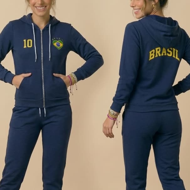 Conjunto Feminino Agasalho Brasil Blusa Com Bolso Capuz E Calça Jogger Confortável Look Copa Torcida Casual Inverno Quen