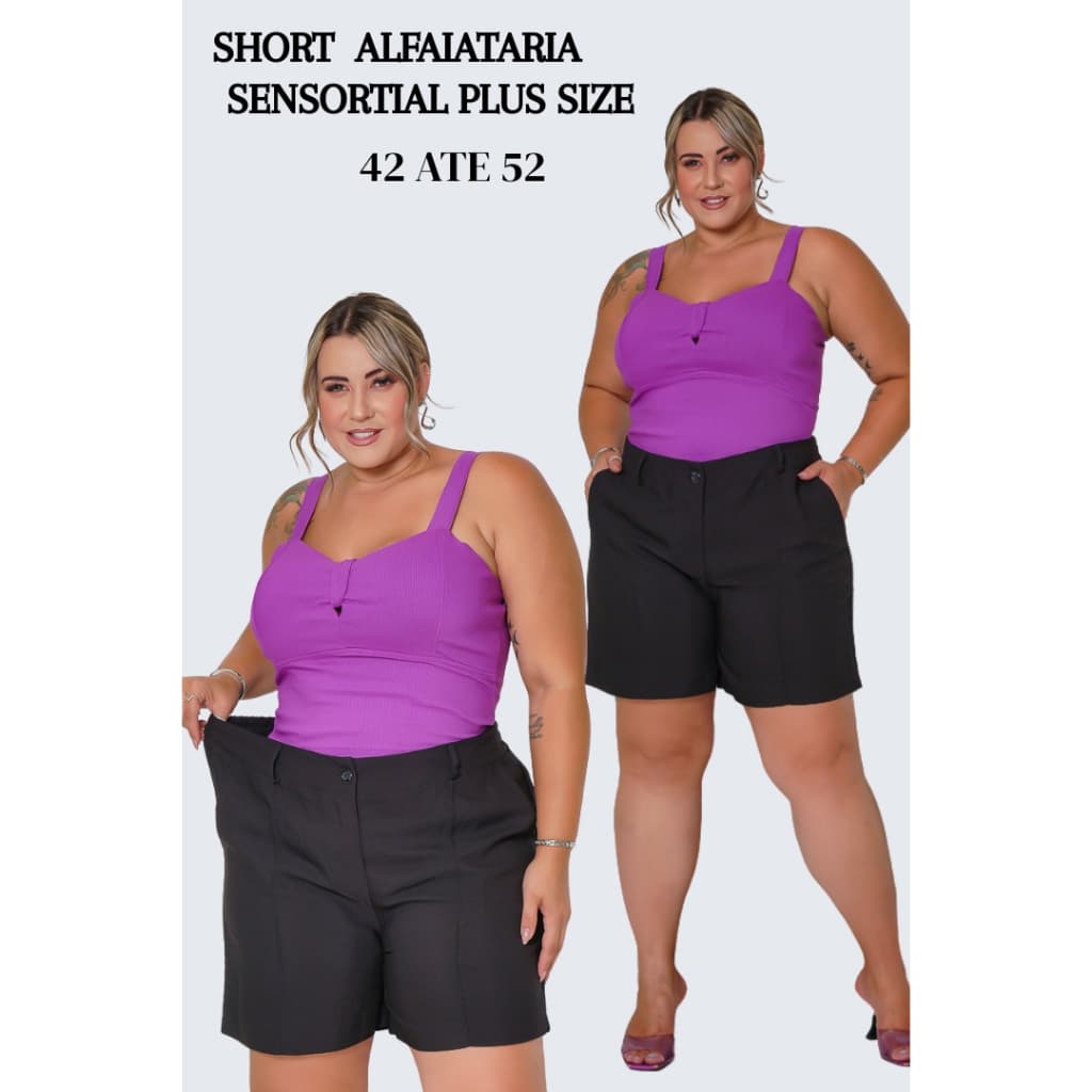 Short Alfaiataria Feminina Plus Size Sensorial 42 ao 52 Com Bolso Elastico Na Cintura
