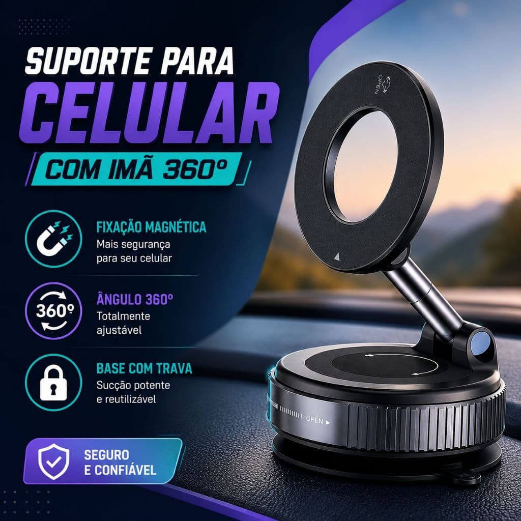 Suporte Magnético Celular 360° Carro Casa Vidro | 16 Ímãs Fortes + Ventosa Dupla Reforçada