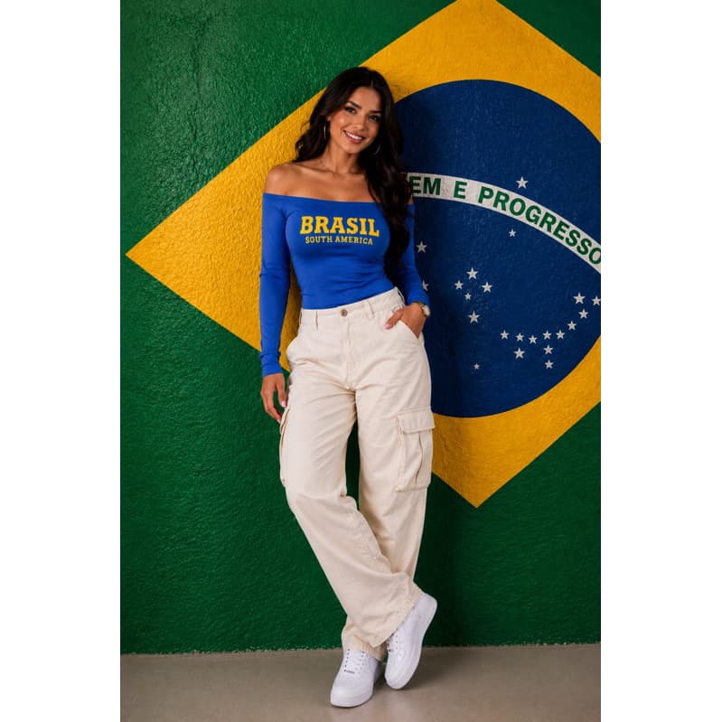 Body Ombro a Ombro Manga Comprida Longa Blusa Feminina Elegante Body Ciganinha Suplex Copa Brasil South America