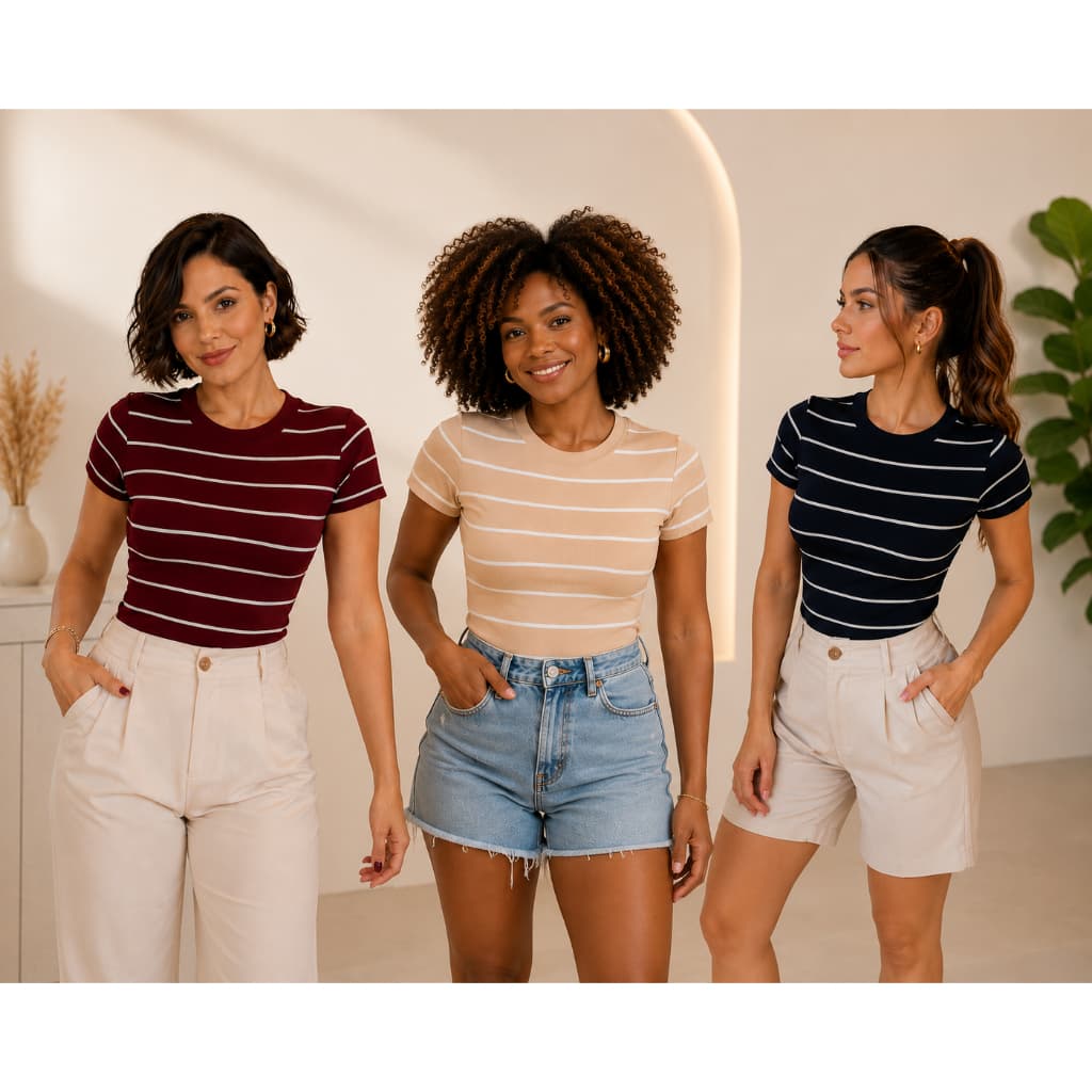 Blusa Listrada Básica Manga Curta Ribana Canelado Camiseta T-Shirt