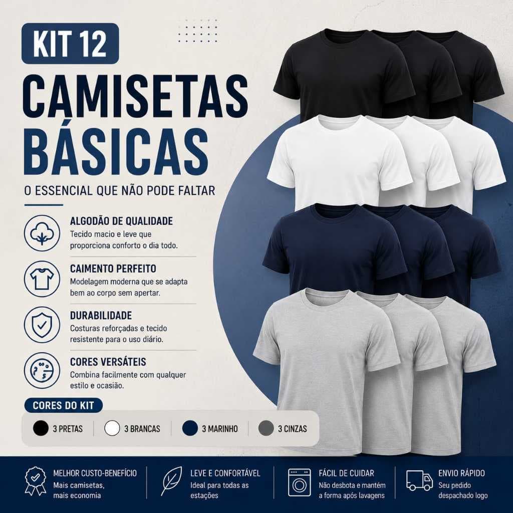 Kit 12 Camisetas Unissex Lisa Premium 100% Algodão