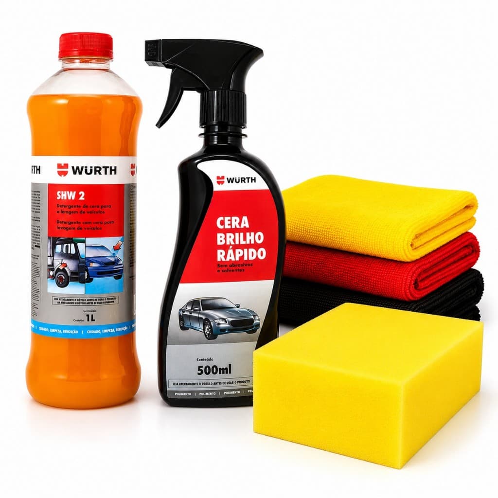 Kit Lavagem Automotiva Wurth Shampoo Cera Brilho Microfibra
