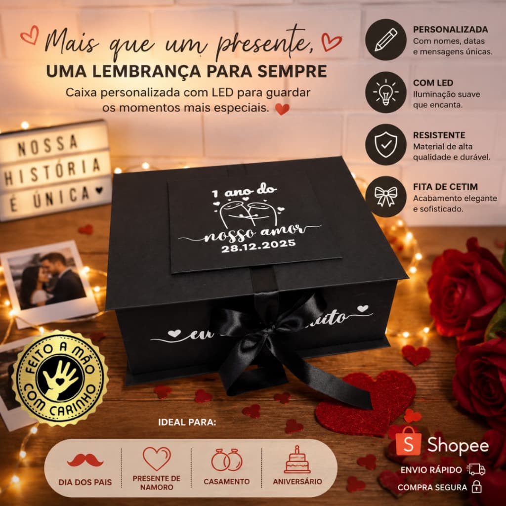 Caixa Para Presente Cartonada Personalizada Flork com Frases + Fotos + Palhas Decorativas + LED
