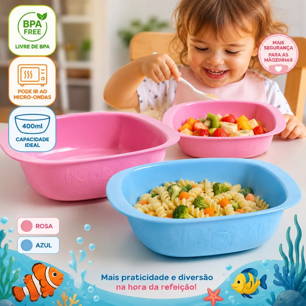 Prato InfantiL 400ml Kit 5 ou 10un Com Abas BPA Free Micro-ondas Rosa Azul