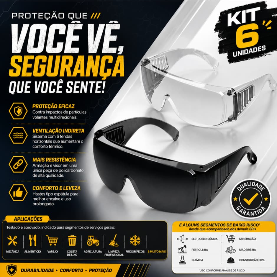 Kit 6 Und Oculos Proteçao Epi Segurança  Uv Ca Sobrepor Ao de Grau Fume Incolor  Cipa Proteção Pessoal