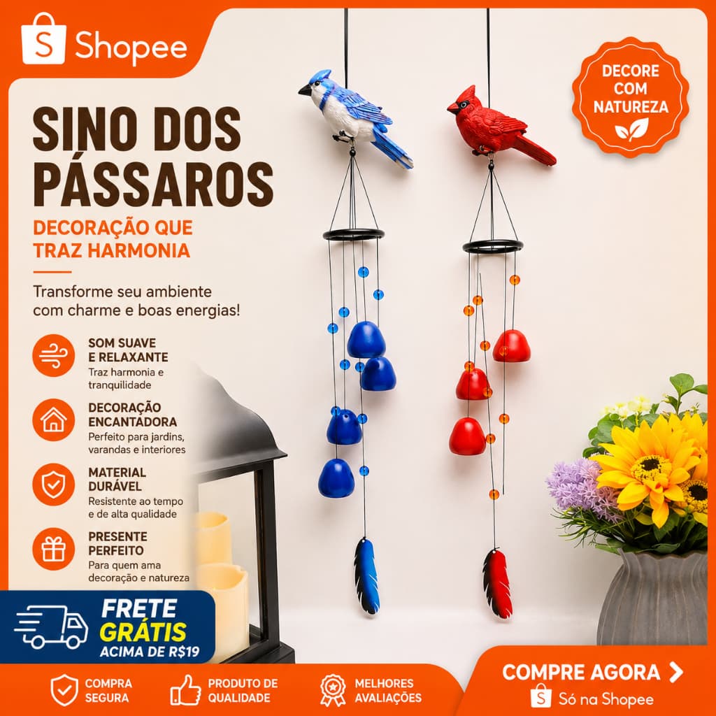 Sino dos Ventos Pássaro Colorido – Delicadeza, Movimento e Som Relaxante para seu Espaço