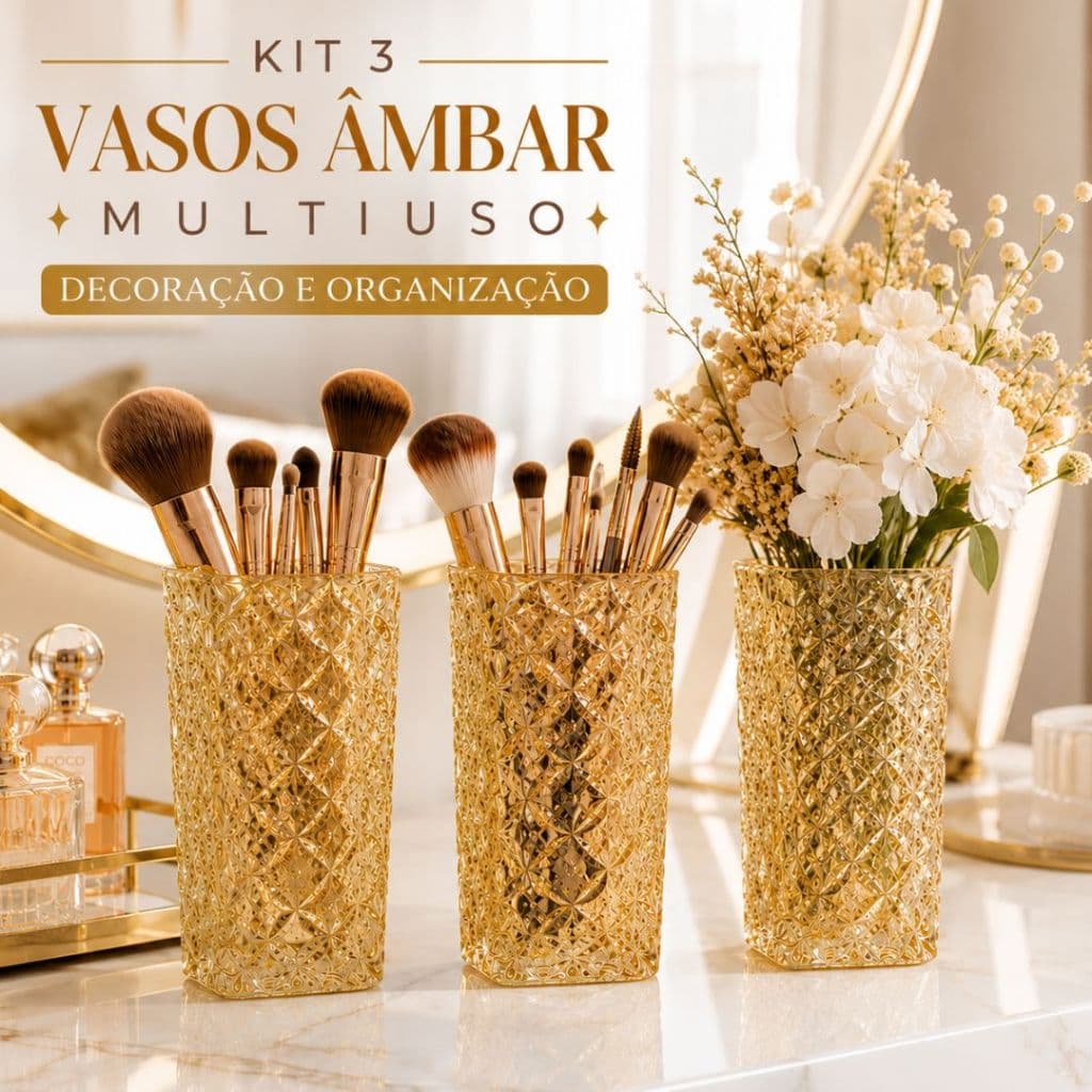 Kit 3 Organizadores Luxo Vidro Texturizado Âmbar Porta Pincéis Organizador de Maquiagem Cosméticos Banheiro Penteadeira